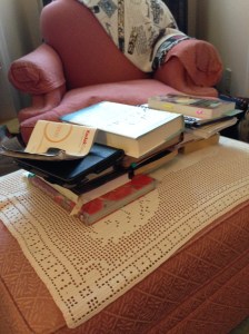 The reading chair stool. It grows more precarious by the day. Do you have places in your house like this?